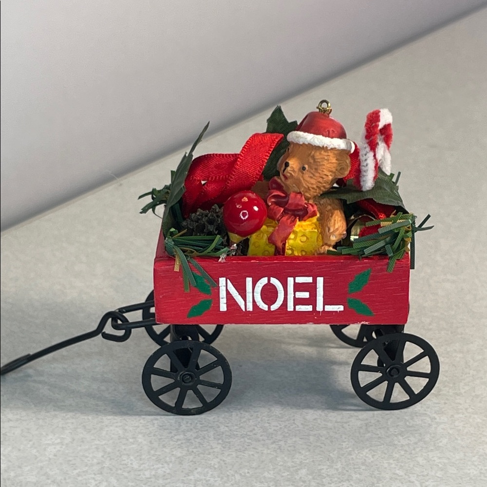 Vintage 1990 Red Christmas Wagon Ornament with Bear